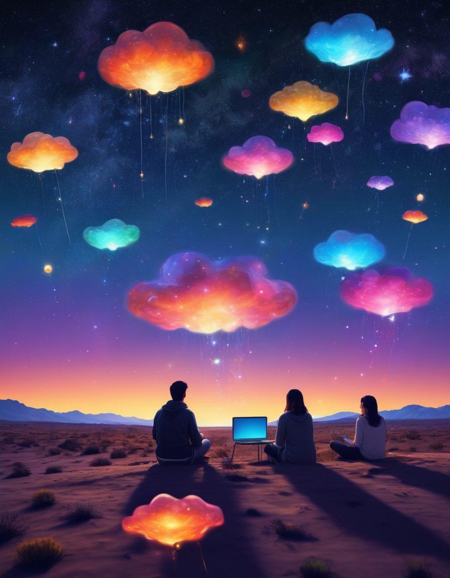 A whimsical digital landscape depicting a diverse array of bloggers at their laptops, each sharing unique stories with vibrant thought bubbles rising above their heads. The scene is filled with colorful icons symbolizing different blog topics like travel, food, and technology, all interconnected by glowing paths. In the background, a vast sky filled with stars representing creativity and inspiration. super-realistic. vibrant colors. 3D.
