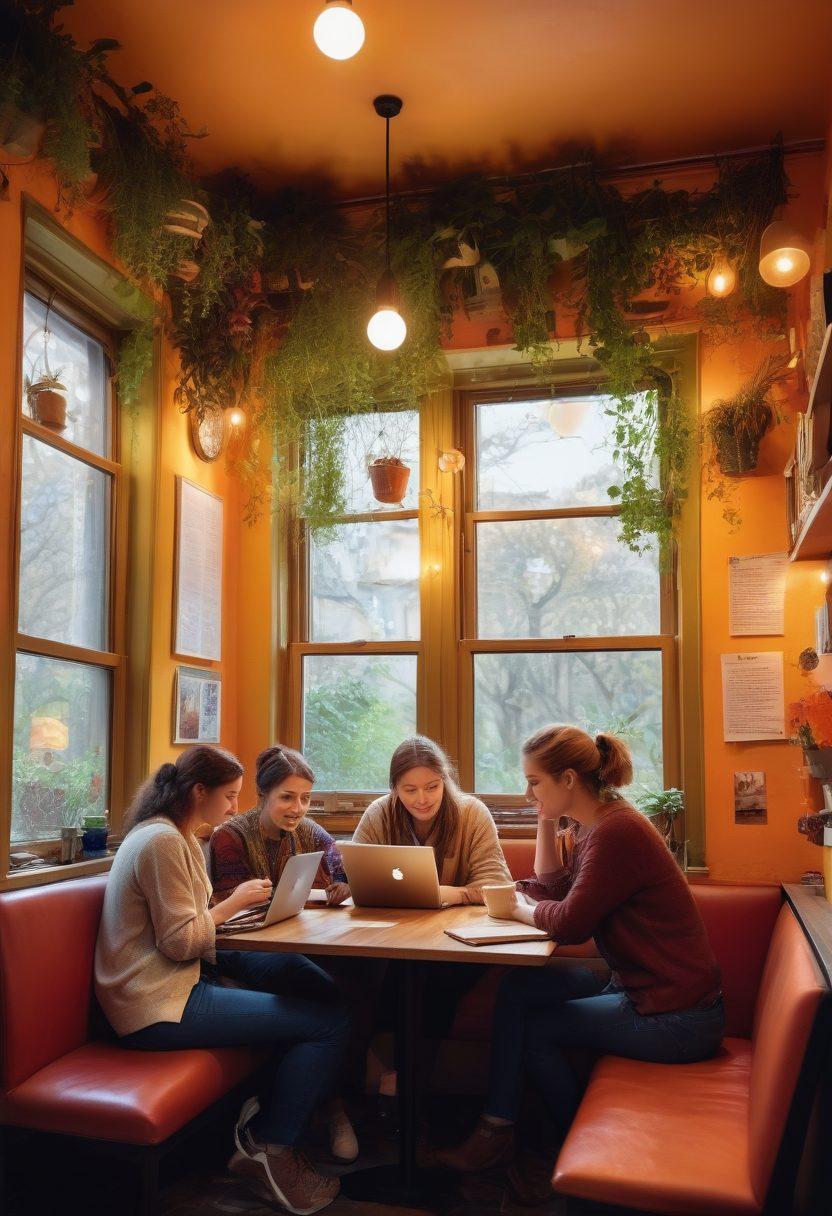 A warm, inviting scene of diverse individuals connected through creative writing, gathered in a cozy café. They are engaged in lively discussions, with colorful laptops and notebooks scattered on the table. Soft, ambient lighting and vibrant posters of famous literary quotes decorate the walls, enhancing the community feel. Include elements of nature like plants in the background to symbolize growth and connection. super-realistic. warm colors. cozy atmosphere.