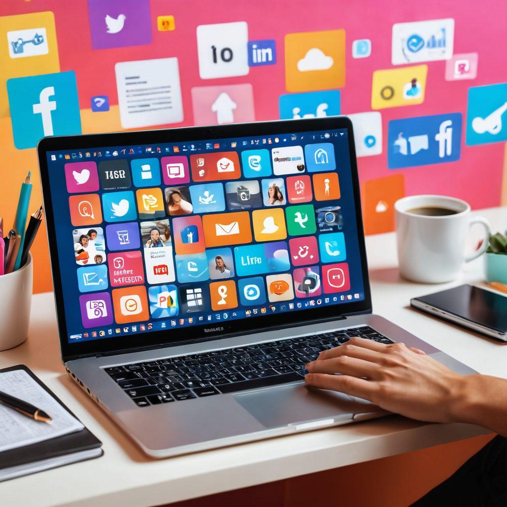 A modern laptop open on a desk, displaying vibrant digital diaries on the screen, surrounded by social media icons and influencer tools. A stylish hand appears to transition from typing on the laptop to posting on an influencer platform, symbolizing the evolution of content creation. The background is filled with bright, abstract shapes representing the digital world. super-realistic. vibrant colors. clean layout.